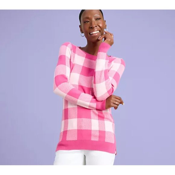 Belle by Kim Gravel Women ~sz M Sweater Can't Stop Wearing It Pink Plaid A549501 - Picture 6 of 7